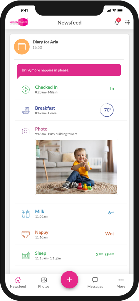 Daily diaries on the Nursery in a Box app