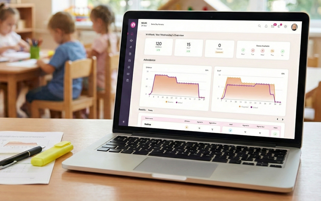 Nursery in a Box management system on a laptop in a classroom