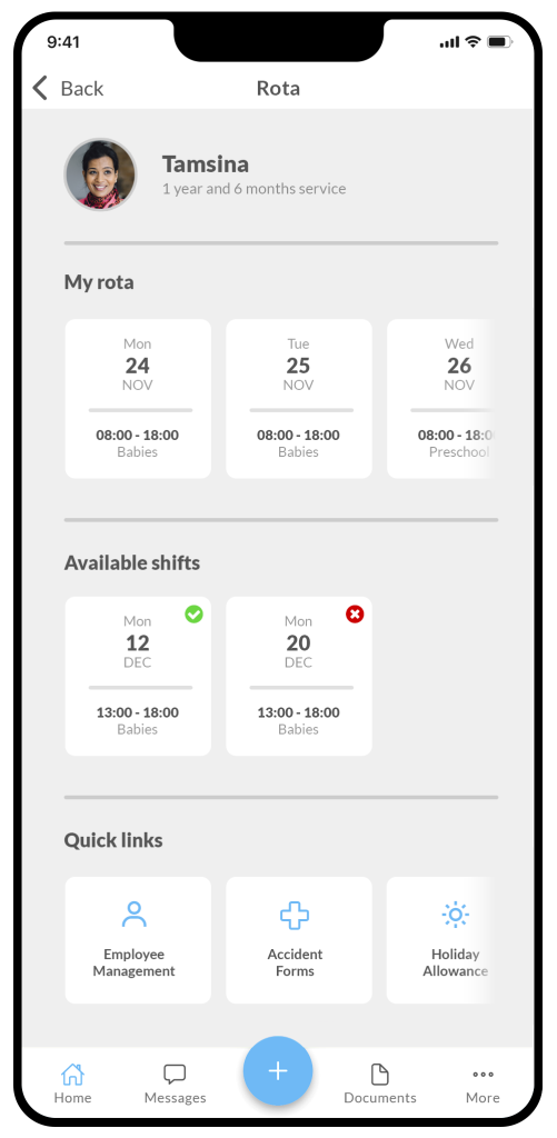 Staff shifts on the staff app by Nursery in a Box