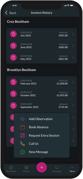 Dark mode on the Nursery in a Box app