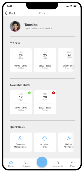 Staff shifts on the staff app by Nursery in a Box